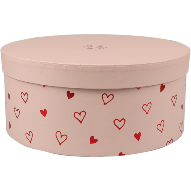 Geschenkdoos "Love Story" Roze met hartjes (Rond 22,5cm) Per stuk