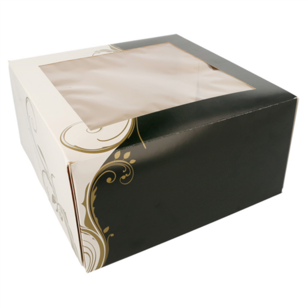 Cake Box w/ window 24x24x12cm White/Black/Gold  50pc/pk