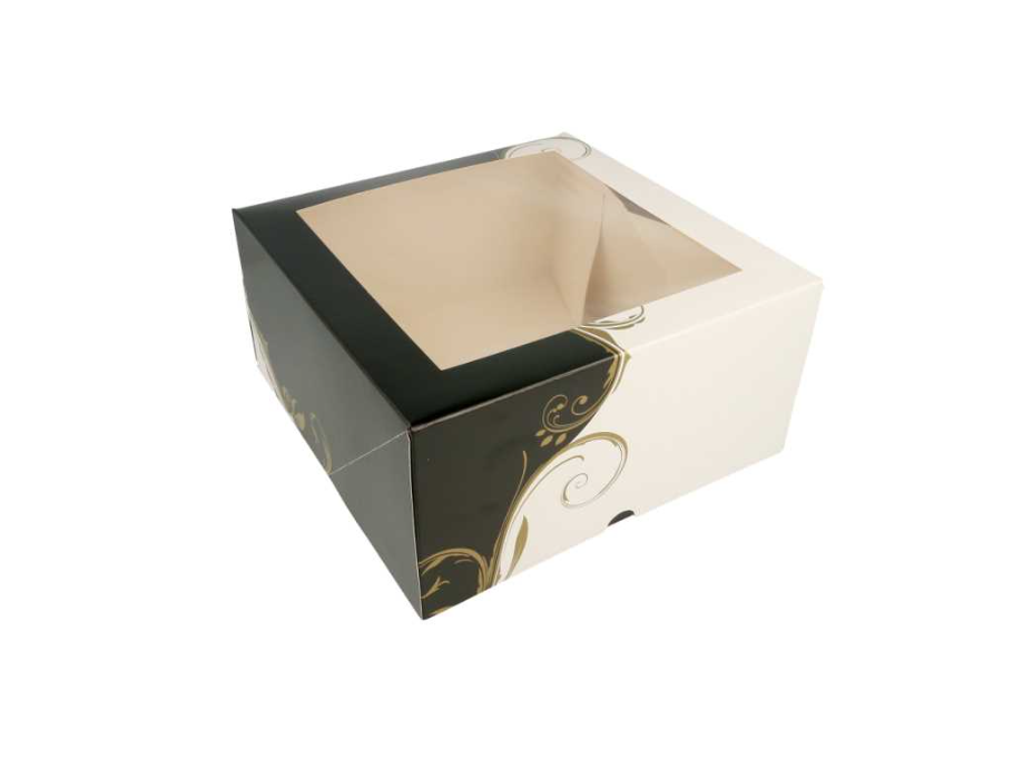 Cake Box w/ window 24x24x12cm White/Black/Gold  50pc/pk