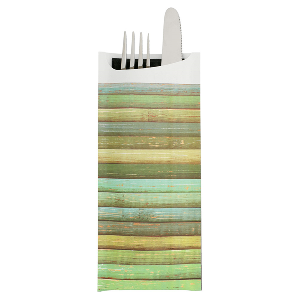 Sacchetto met napkin "Just In Time - Wood" Black Airlaid (250st/pak)