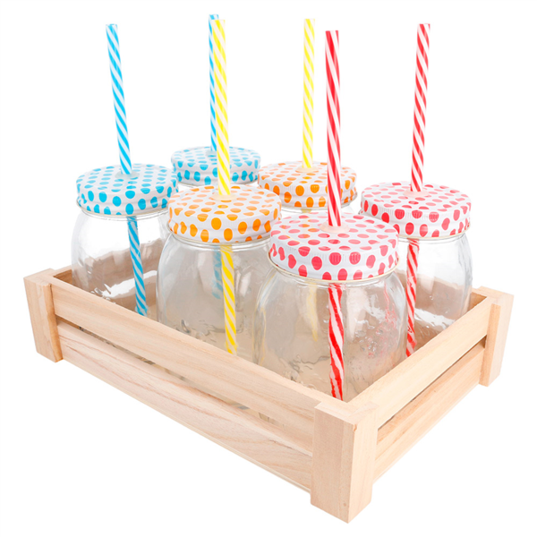 Set van 6 glazen drinkbekers (met deksel & rietje) in houten kistje.