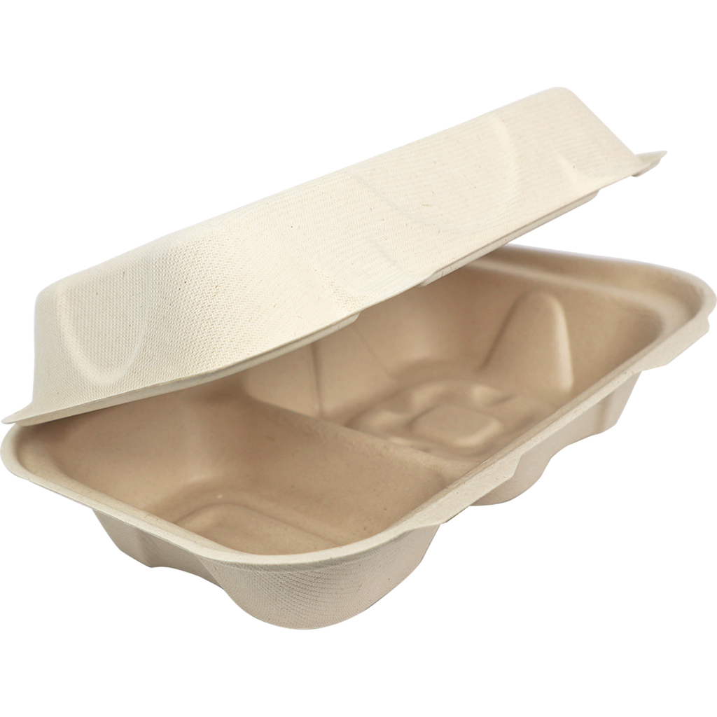 9x6x3" Fiber/Baggase Clamshell 2-comp. 50st/pak