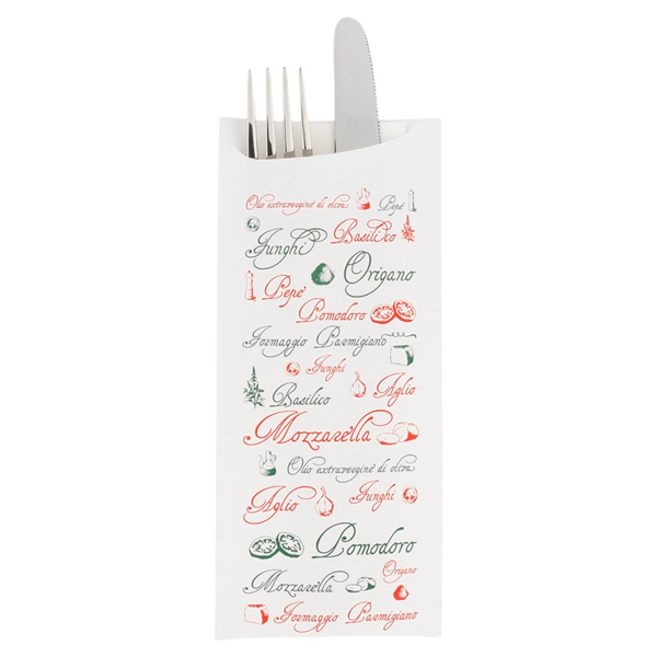 Cutlery Sachets + Napkin "Just In Time - Pizza" 8,5x19,5cm White Airlaid (250st/pak)