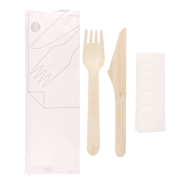 Set cutlery 3/1 Fork/Knife/Napkin White "Makan" 16cm Natural Wood (100st/pak)