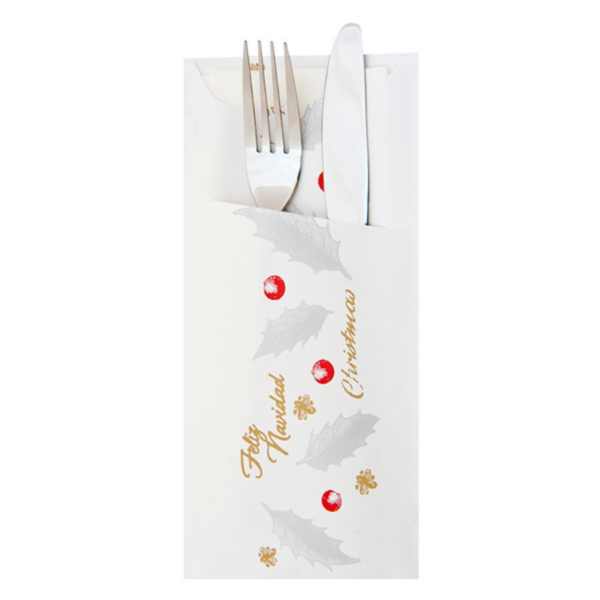 Cutlery Sachet + White Napkin "Noel" 33x40cm White Cellulose (50st/pak)