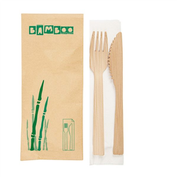 Set 3/1 Curlery + Napkin "Bamboo" 17cm Natural Bamboo (50st/pak)