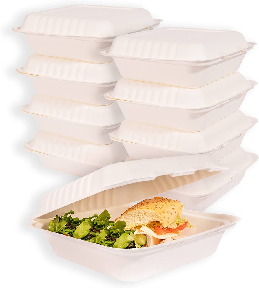 Hinged tray 9X9x3" molded fibre Bagasse 1-comp Huhtamaki   (100pcs/pk)