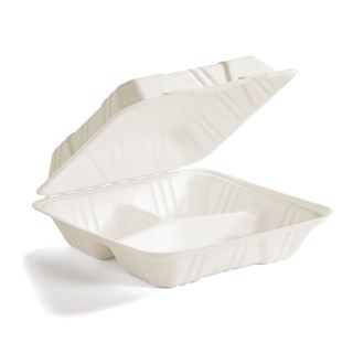 Hinged tray 9x9x3" molded fibre Bagasse ..3-comp (100pcs/pk) Huhtamaki