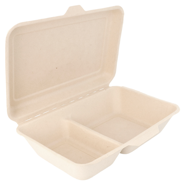Food Container Rectangular 2-comp. 16,5x22,5x6,4cm - 1000ml (Bagasse/Natural) 50st/pak
