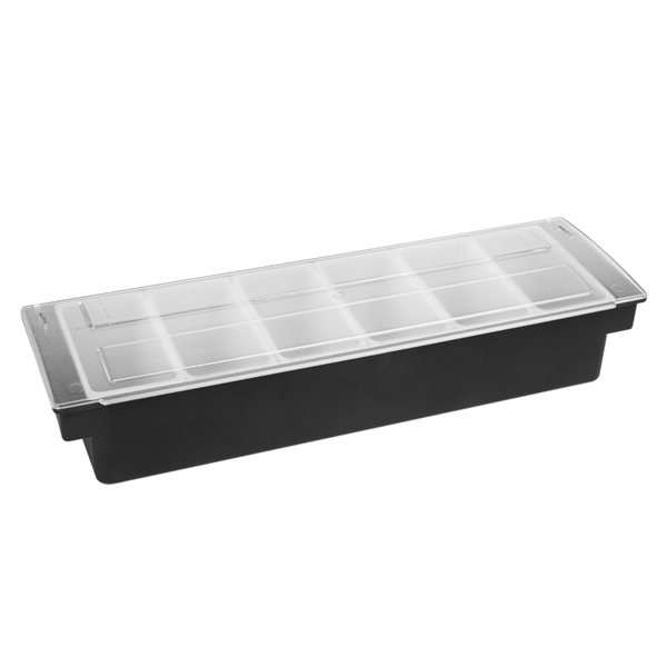 Condiment/Cocktail Container 6-comp. 49,5x15,7x9cm Black-Transparant. (Per stuk)