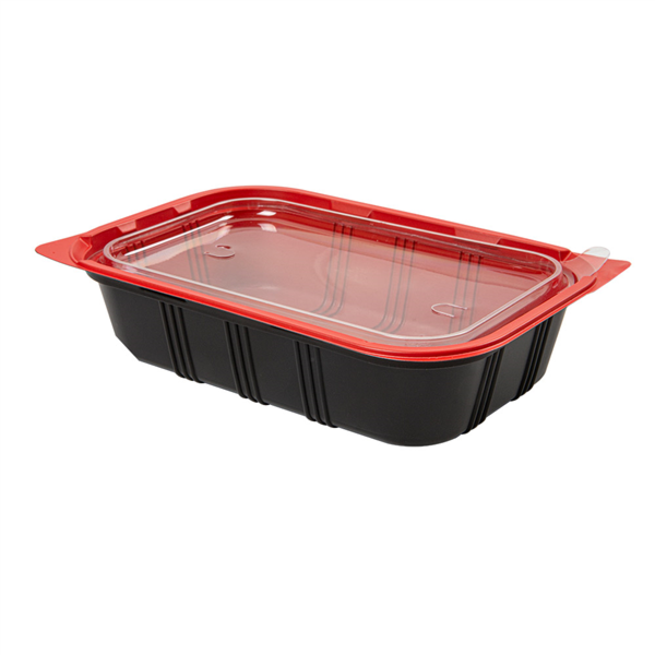 Menuschaal 1-comp. (Microwaveable meal container) 21,5x14,5x5cm Black/Red OPS + Lid (50pcs/cs)
