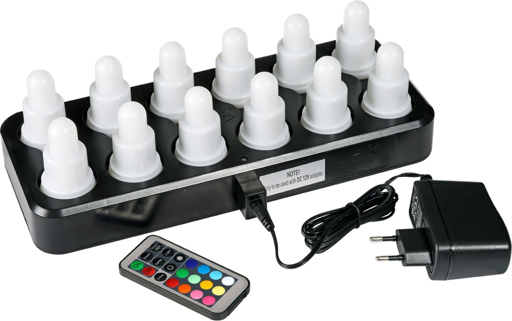 Candles LED 70x40mm Multi Colour (Incl. 1x Charging Base, 1x Adapter & 1x Remote Dim Control) / 12 stuks / charging time 8h, burning time 12h