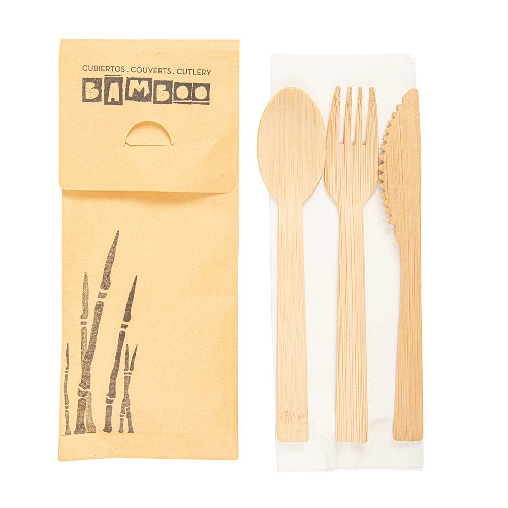 Cutlery Bestek set Fork/Knife/Spoon/Napkin 20cm Natural Bamboo (50st/pak)