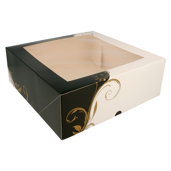 Cake Box w/ window 28x28x10cm White/Black/Gold  50pc/pk