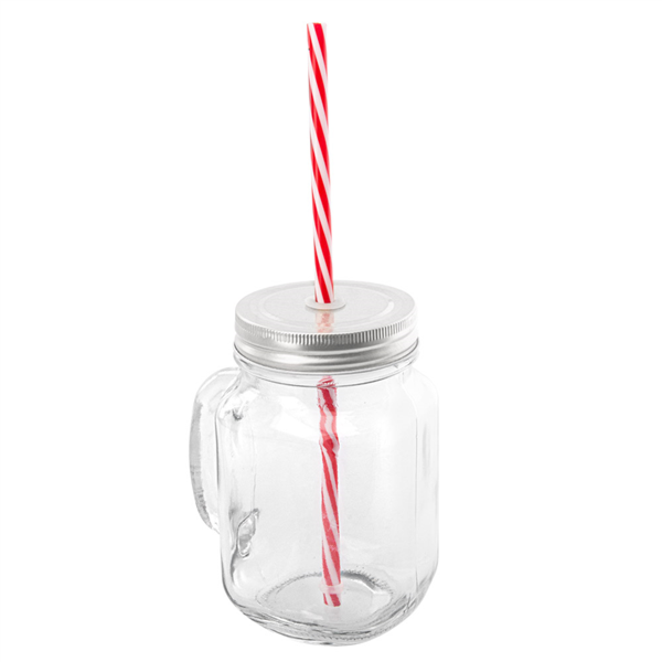 Glazen drinkbeker met handvat & metalen deksel (met gat & rietje) 450ml (8x13(h)cm) Per stuk