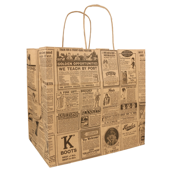 SOS Bag with handles "Traiteur" Natural Kraft Newspaper print 26+17x24cm (250st/doos)