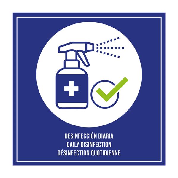 Self-adhesive sign "Daily Desinfection" 12x12cm Blue/White (per stuk)