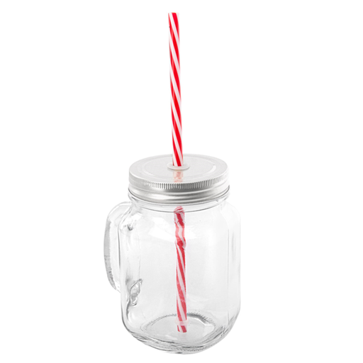 [207.72] Glazen drinkbeker met handvat & metalen deksel (met gat & rietje) 450ml (8x13(h)cm) Per stuk
