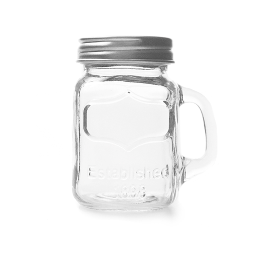 [215.69] Clear glass Mini Jug with steel lid 128ml 7,5x5,5x8,5cm (per stuk)