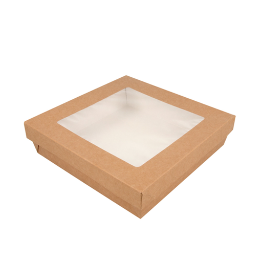 [224.46] Small boxes+lids with window 1000ml 300GSM 18,5x18,5x5cm Brown Cardboard (50st/doos)