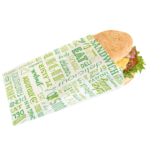 [229.27] Hamburger Bags "Parole" 14+7x22cm Green Greaseproof Parch (500st/pak)