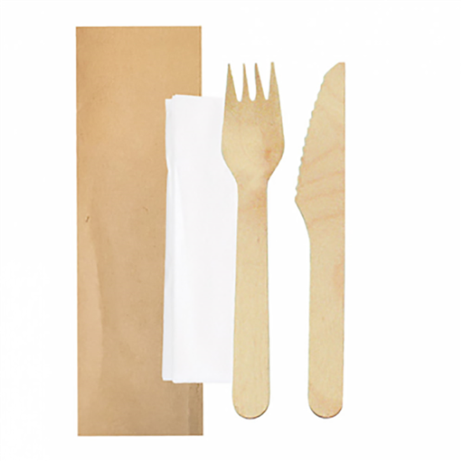 [250.62] Set cutlery Bestek Fork/Knife/Napkin Brown Kraft "Makan" 16cm Natural Wood (100st/pak)