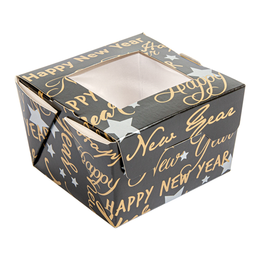 [255.32] Small boxes with window "Happy New Year" 8x7,5x5,5cm Black Cardboard (50st/pak)