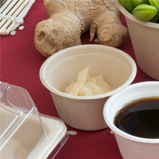 [429421] Suikerriet/Bagasse portion cup sausbakje 60ml (2 oz)  Bruin sluitbaar (50st/pak)