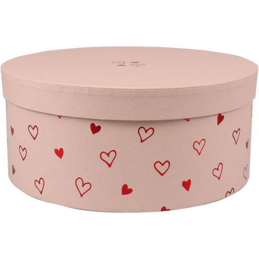 [474007] Geschenkdoos "Love Story" Roze met hartjes (Rond 22,5cm) Per stuk
