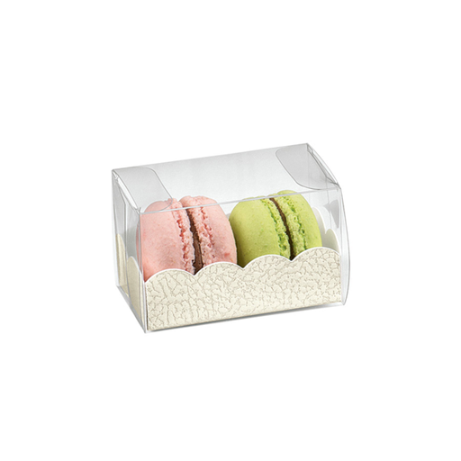 [198.11] Clear plastic container for macarons / baking case with cardboard base 8x5x5cm (per stuk)