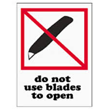 [IPM325] Labels "Do not use blades to open" (3"x4") 500st/rol