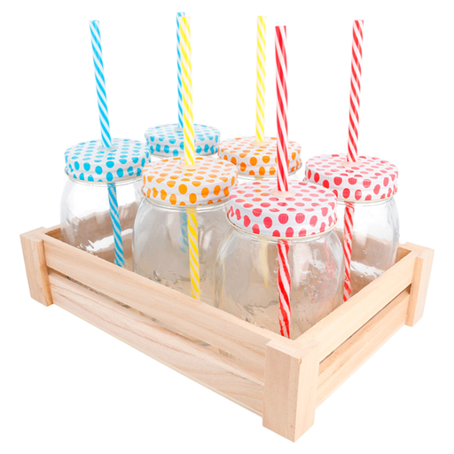 [207.73] Set van 6 glazen drinkbekers (met deksel & rietje) in houten kistje.