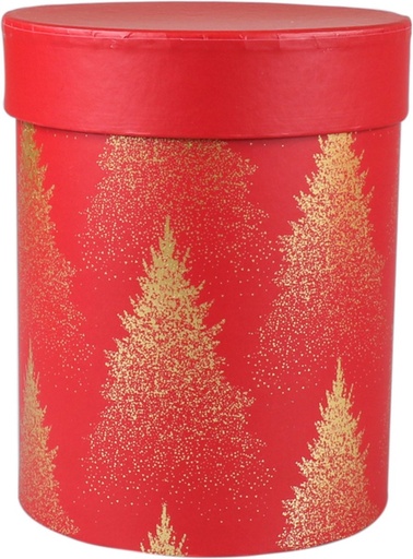 [496004] Ronde geschenkdoos met deksel Diam. 13cm x 17cm Christmas Trees Rood/Goud (per stuk)