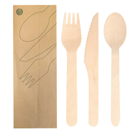 [250.59] Sets Fork+Knife+Napkin "Makan" 16cm Natural Wood (100st/pak)