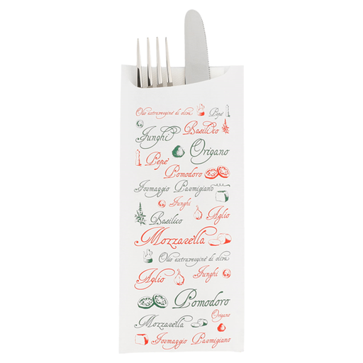 [143.99] Cutlery Sachets + Napkin "Just In Time - Pizza" 8,5x19,5cm White Airlaid (250st/pak)