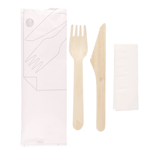 [250.84] Set cutlery 3/1 Fork/Knife/Napkin White "Makan" 16cm Natural Wood (100st/pak)
