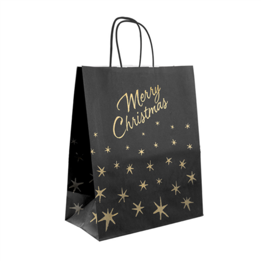 [279.83] SOS Bags with Handles "Merry Christmas" 26+14x32cm Black Kraft (250st/doos)