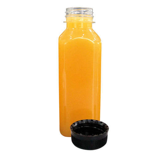[210.761] PET fles Vierkant (5,5x5,5x16,5cm) Transparant 400ml incl. zwarte dop (26st/doos)