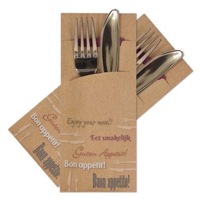 [POCH-100121] POCHETTO CUTLERY SLEEVE >Kraft 5 Languages< 200x85mm with 33x33cm,2-ply Burgundy napkin 130st/pak