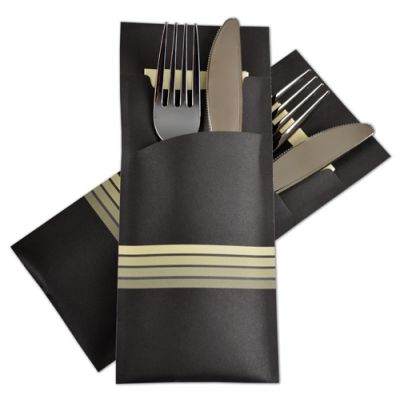 [POCH-100221] POCHETTO CUTLERY SLEEVE >Stripe Champagne< 200x85mm with 33x33cm,2-ply Champagne napkin 130 pcs/pk