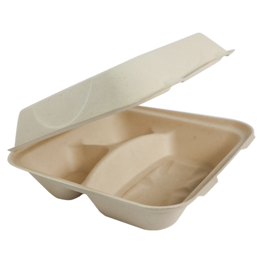 [TO-SC-U9T1] Hinged tray 9x9x3" Molded Fiber 100% Compostable container 3-comp 9x9x3" 50pcs/pk