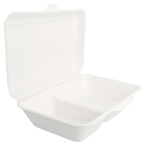 [125.23] Hinged tray 9x6x3" Bionic/ Bagasse 2-vaks white cellulose (50st/pak)