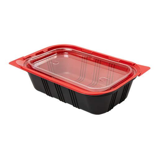 [145.50] Menuschaal 1-comp. (Microwaveable meal container) 19,2x12,7x5cm Black/Red OPS + Lid (50pcs/cs)