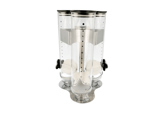 [146.73] Cereal Dispenser Triple 20x20x45cm Clear Acrylic & Steel base. (Per stuk)