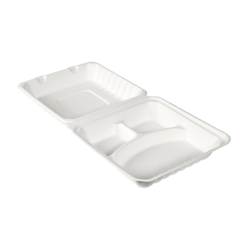 [192069] Hinged Tray 9x9x3" Molded Fibre Bagasse 3-comp Duni / White (100st/doos)